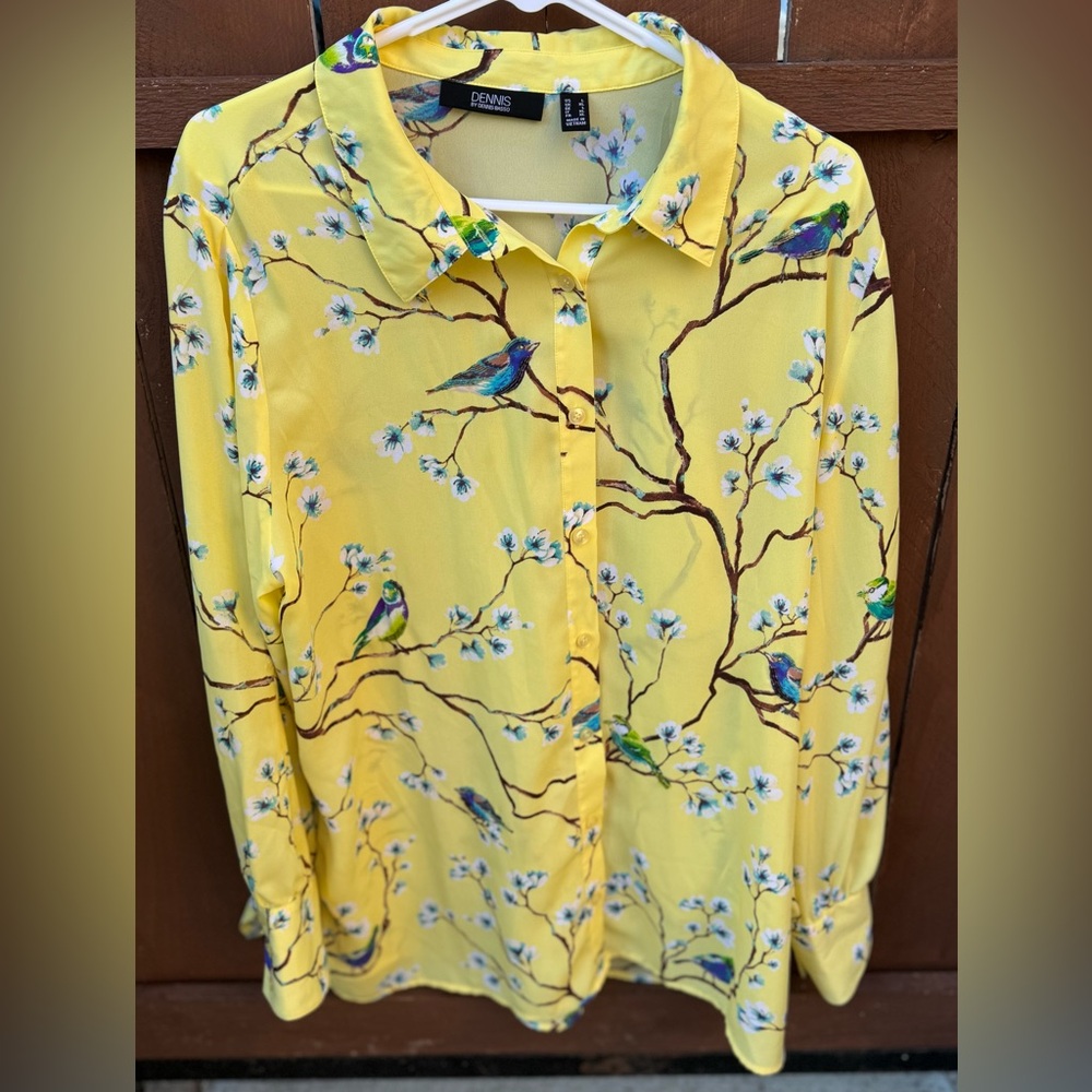 Dennis Basso Yellow Blouse with Bird Print